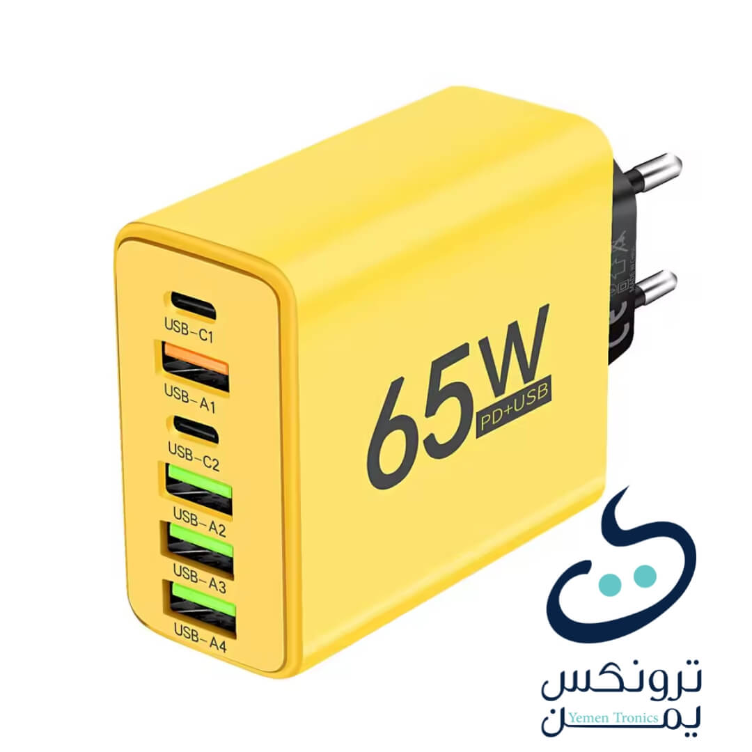 شاحن جداري USB-C بقدرة 65 واط – 6 منافذ شحن سريع للآيفون 15/14 برو ماكس، سامسونج S23، شاومي 14، وأجهزة أخرى